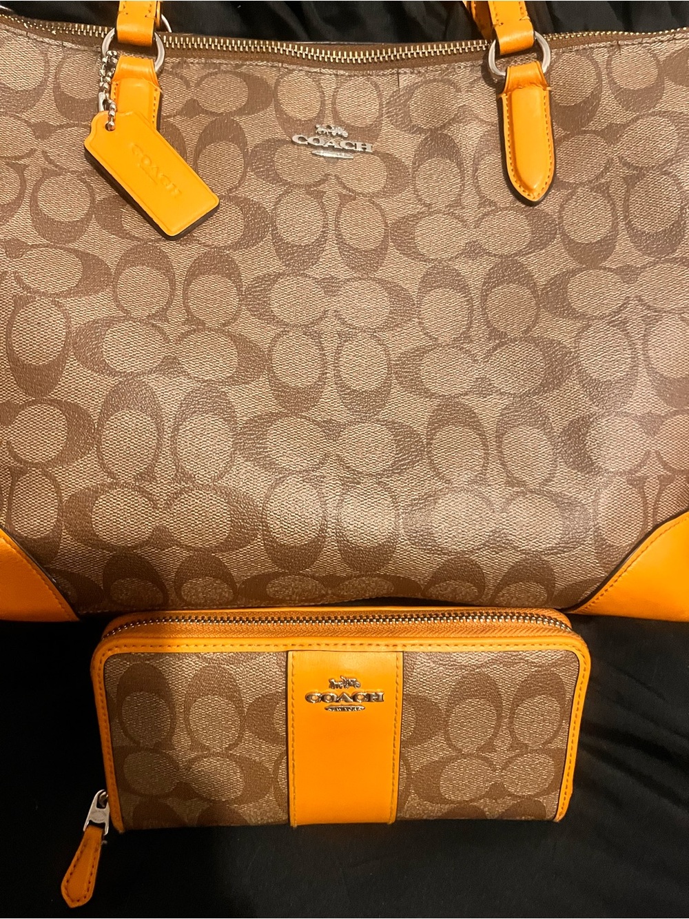 Coach Tan Signature Tote with Orange Leather Trim and Matching Wallet